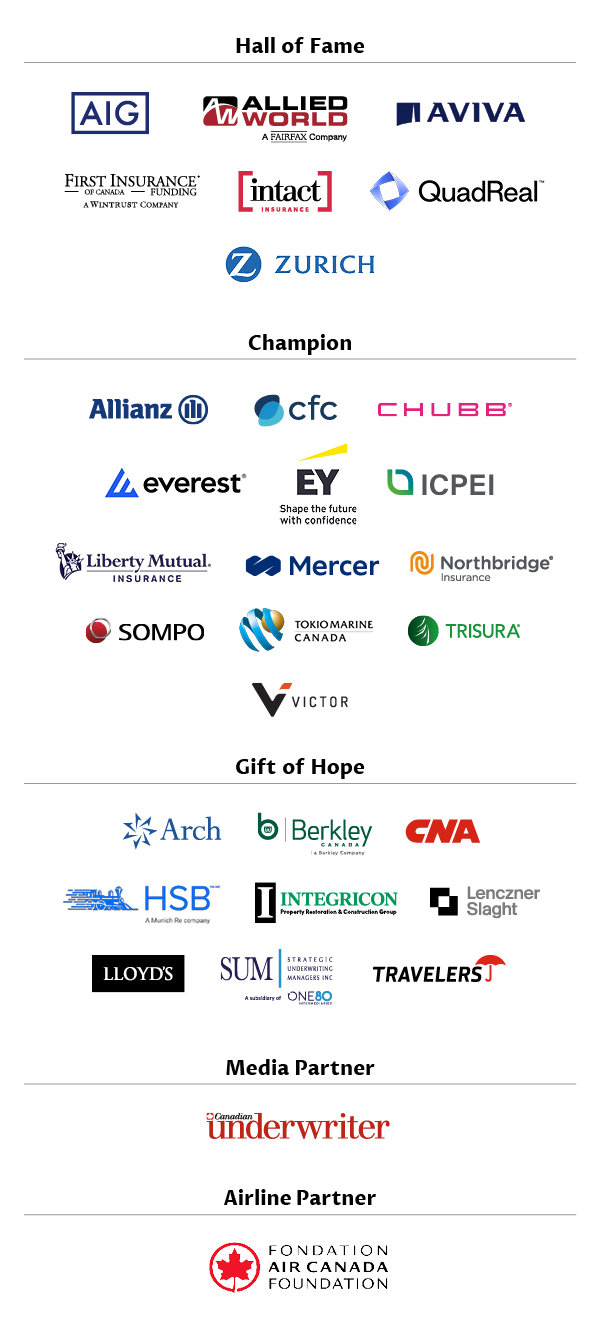 Partners for the 2025 Jim Abernethy Challenge: AIG, Air Canada Foundation, Allied World, Aviva, First Insurance of Canada Funding, Intact Insurance, Integricon, QuadReal, Allianz, cfc, chubb, everest, ICPEI, Liberty Mutual Insurance, EY, Northbridge Insurance, Sompo, Tokiomarine Canada, Trisura, Victor, Arch, Berkley Canada, CNA, HSB, Lenczner Slaght, Lloyds, SUM - Strategic Underwriting Mangers Inc, Traveers, Canadian Underwriter
