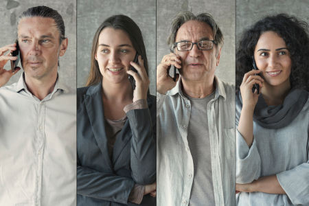 Six people shown in side-by-side vertical panels, each holding a phone to their ear and facing slightly different directions against a neutral background.