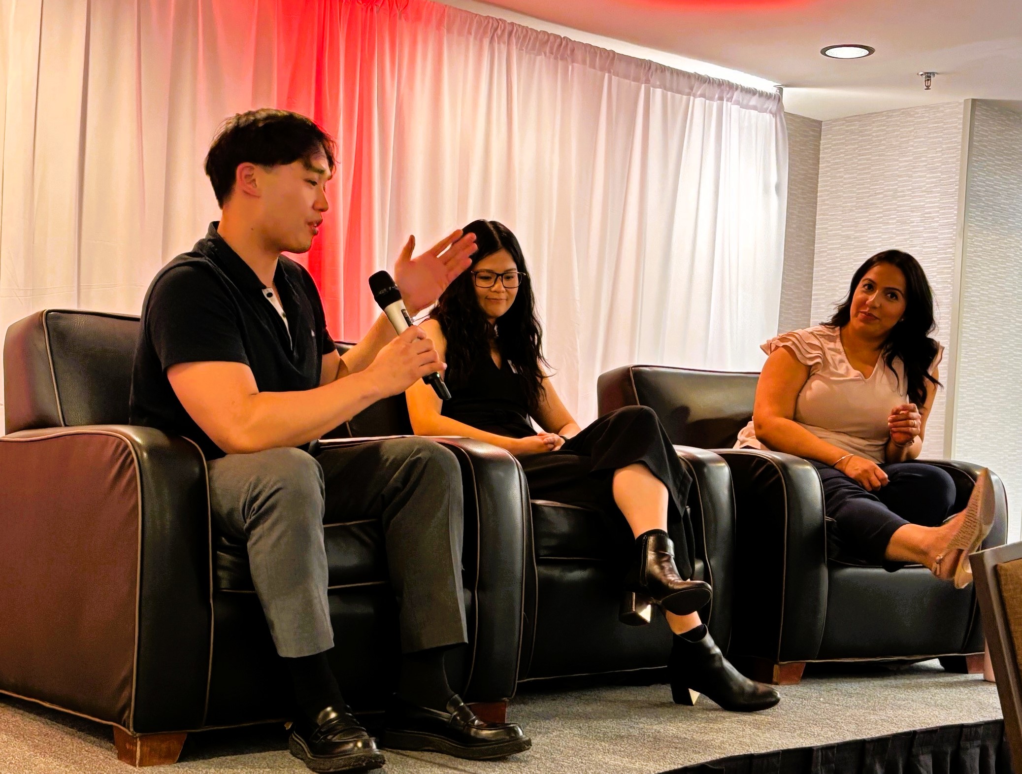 Panelists (left to right): Roy Tram, hematology/bone marrow transplant pharmacist, Jing Zeng, cancer care registered dietician, and Baljit Randhawa, nurse practitioner, discussed the challenges of, and some solutions for, traveling with a blood cancer.