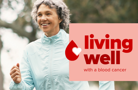 A smiling woman jogging with a blurred tree in the background. Text overlay stating "living well with a blood cancer"