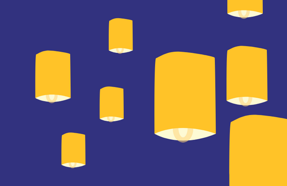 Blue background with floating yellow lanterns.