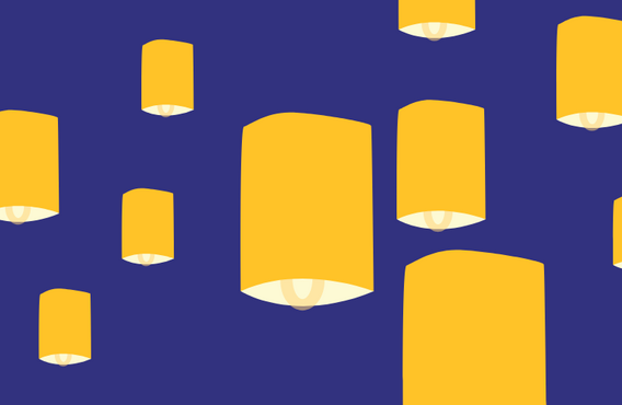 blue background with several yellow lanterns.
