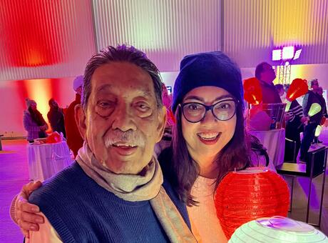 Lymphoma survivor Sultan Ghani with his caregiver daughter, Arshia Ghani, at the LLSC's 2023 Light the Night event.