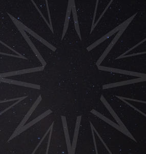 A black backgorund with a large faded gray star to the right. The star has a mask of a faded blood drop in the middle.