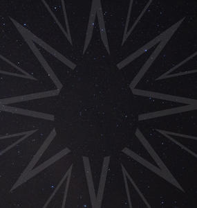 A black background with a large faded gray star to the right. The star has a mask of a faded blood drop in the middle.