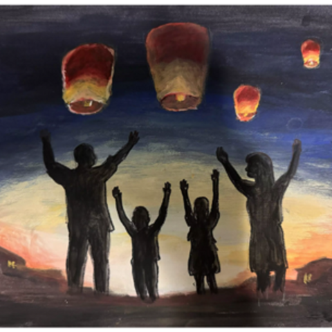 Painting of a family releasing lanterns into the night's sky