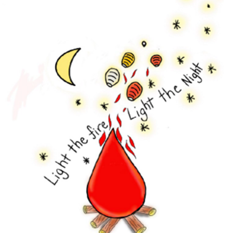 A drawing of a drop of blood in a camp fire with the text "Light the fire, light the night"