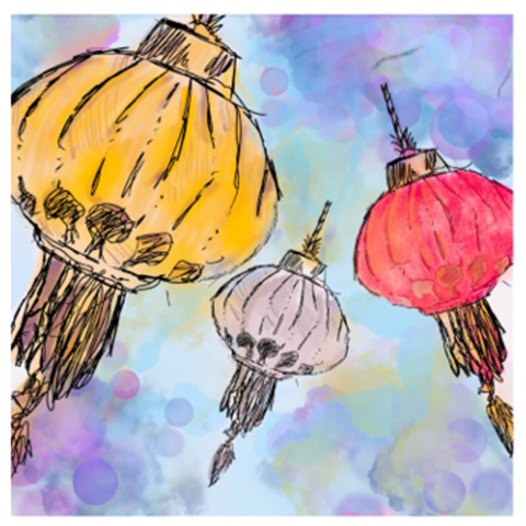 A drawing of 3 coloured lanterns in red, yellow, and white
