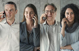 Six people shown in side-by-side vertical panels, each holding a phone to their ear and facing slightly different directions against a neutral background.